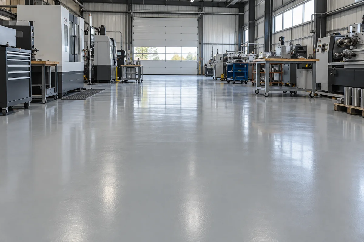 Illustration of a finished gray epoxy floor in a manufacturing work area