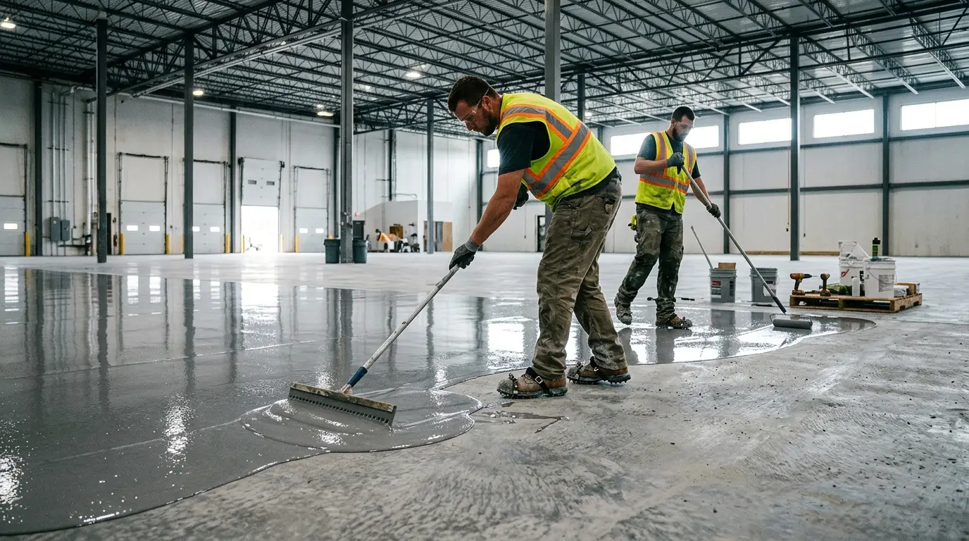 Illustration of an industrial epoxy coating being installed in a warehouse