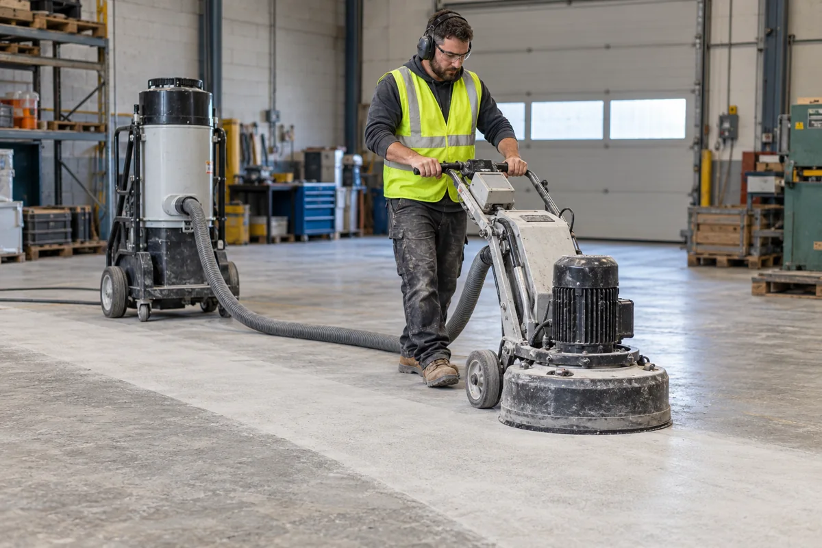 Illustration of concrete floor grinding with dust extraction in an industrial workshop