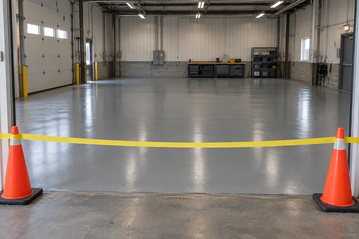 Illustration of an epoxy floor curing behind a temporary access barrier