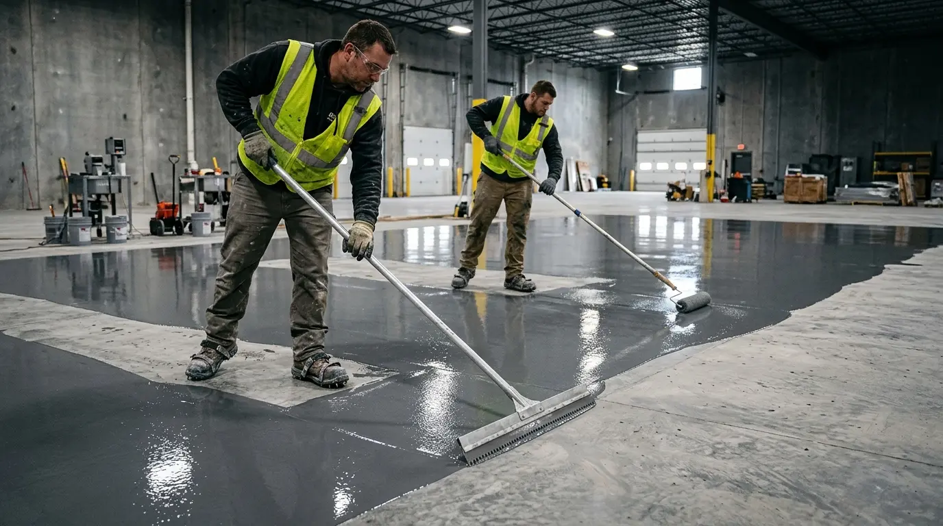 Illustration of technicians spreading industrial epoxy with floor squeegees