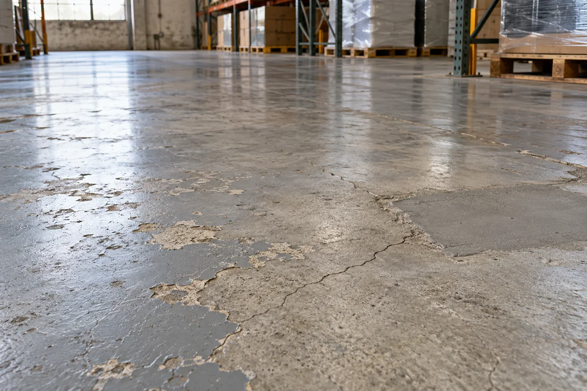 Illustration of cracks and worn coatings on an existing warehouse concrete floor