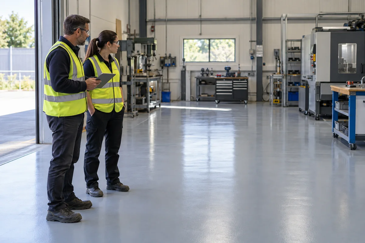 Illustration of a final walkthrough of a completed industrial epoxy floor