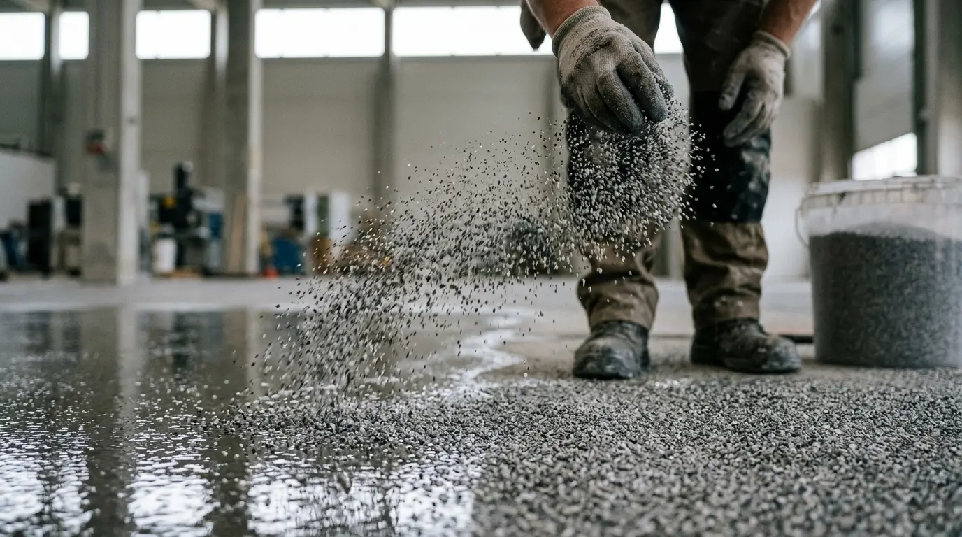 Illustration of decorative flakes being broadcast into an industrial floor coating