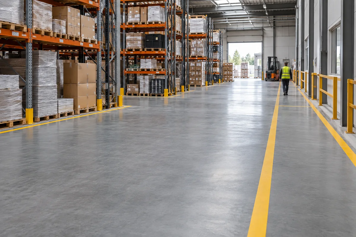 Illustration of a marked pedestrian route across a coated warehouse floor