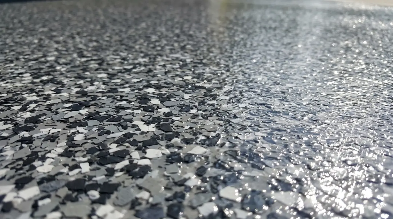 Close-up of a gray decorative flake driveway coating texture