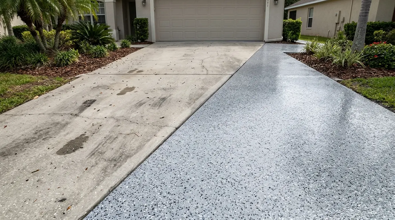 Illustration comparing bare concrete and a coated driveway surface
