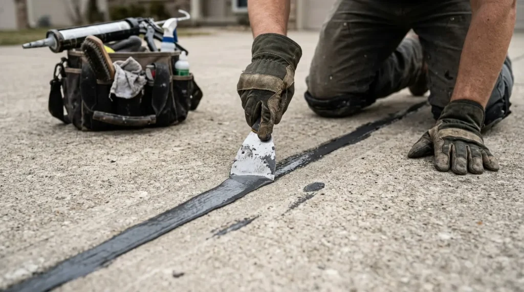Technician applying filler to a crack in a concrete driveway