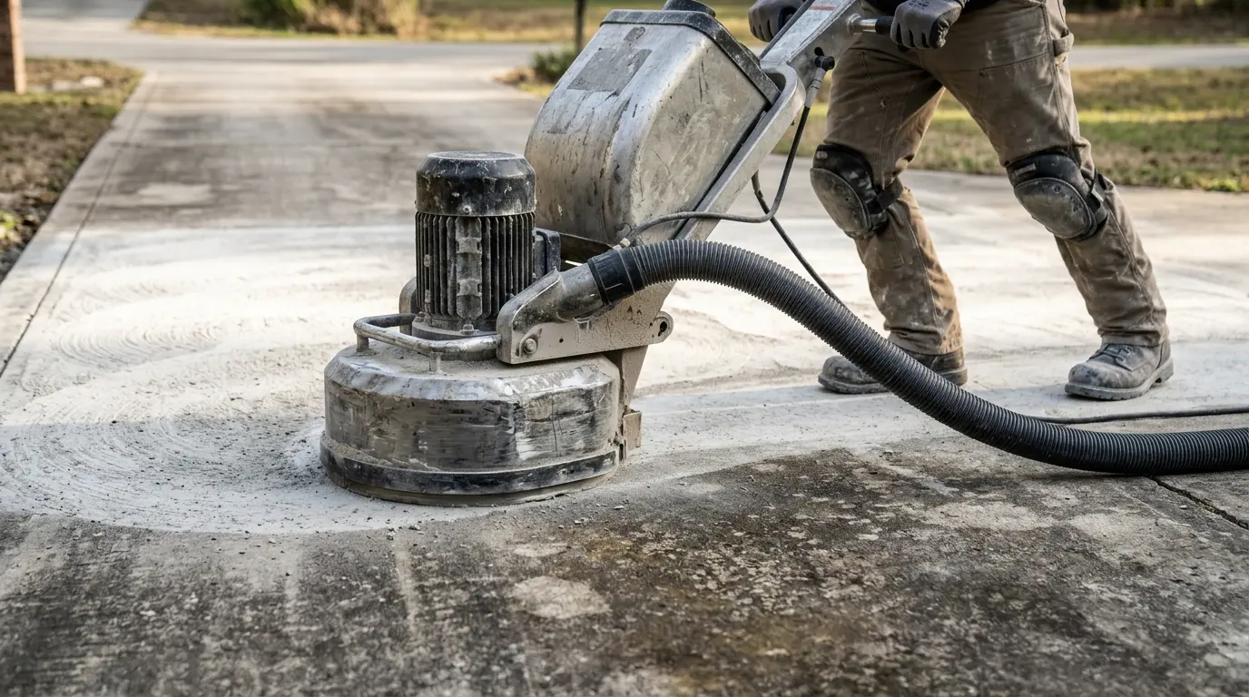 Contractor grinding a concrete driveway with a floor grinder