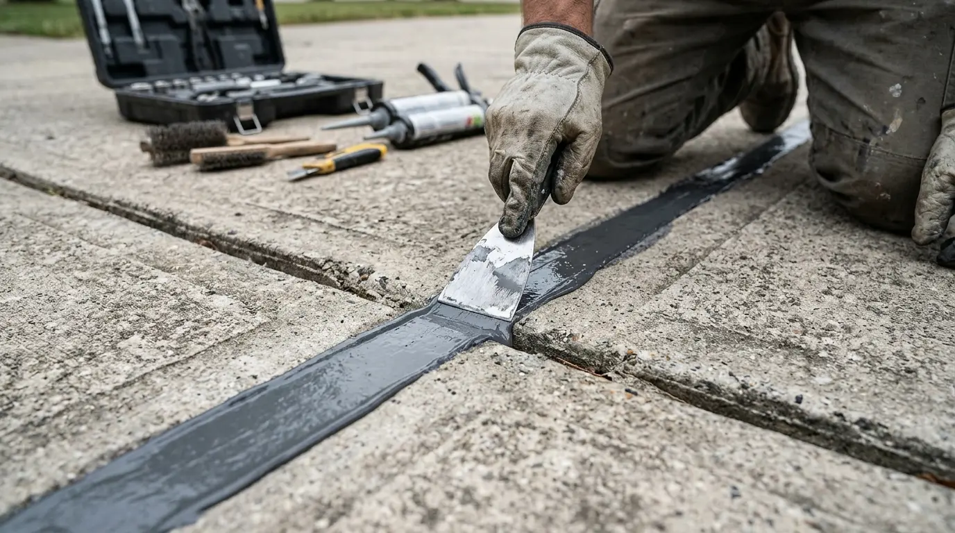 Close-up of a technician repairing a concrete driveway surface