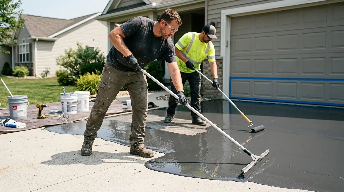 Technicians spreading a base coat across a residential driveway