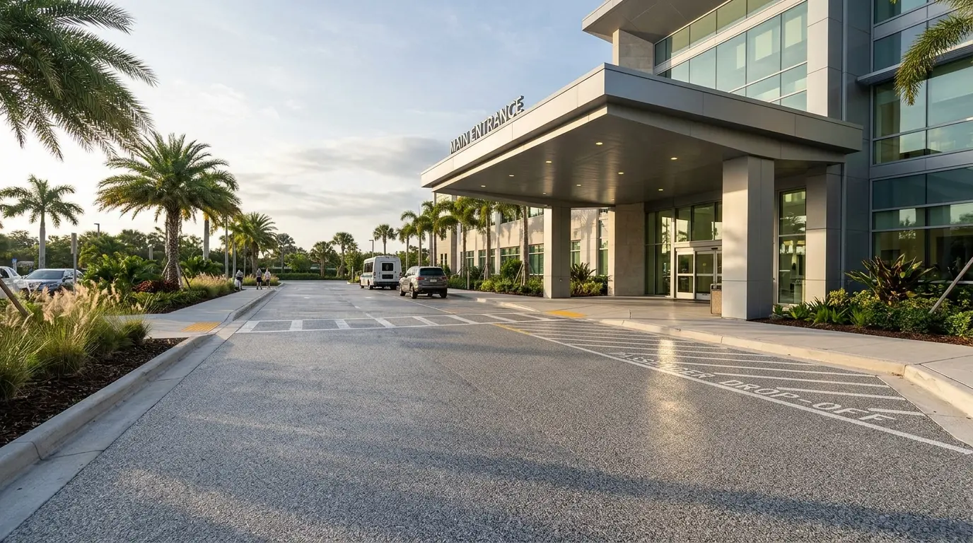 Coated vehicle entrance outside a modern building