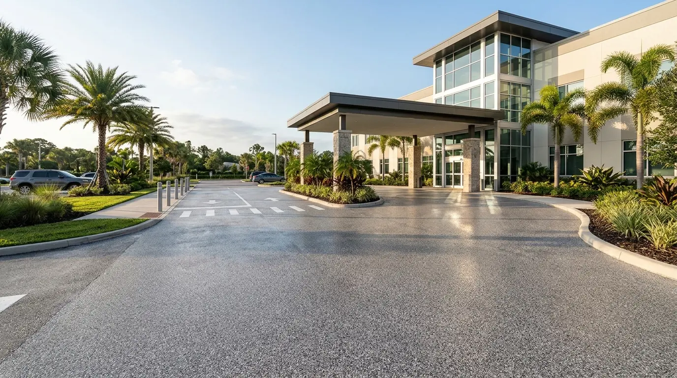 Gray coated driveway approaching a modern building entrance