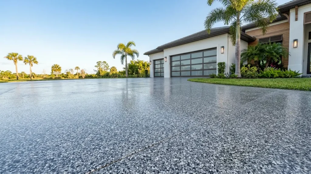 Gray coated driveway in front of a modern home and garage