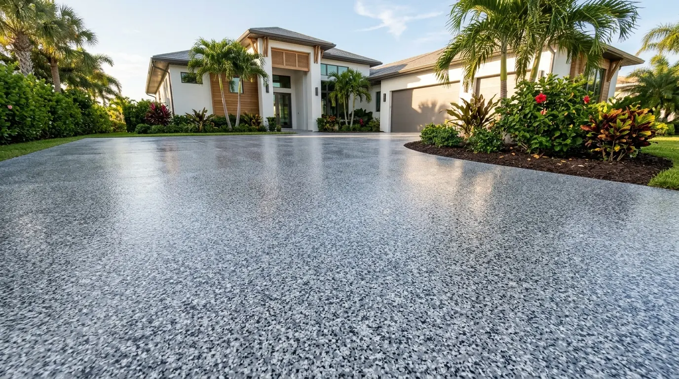 Gray coated driveway leading to a landscaped home