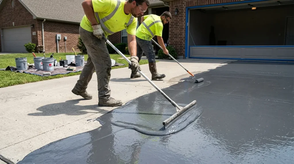 Technicians applying a driveway coating with long-handled rollers
