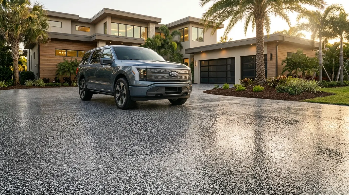 SUV parked on a gray coated driveway in front of a two-story home