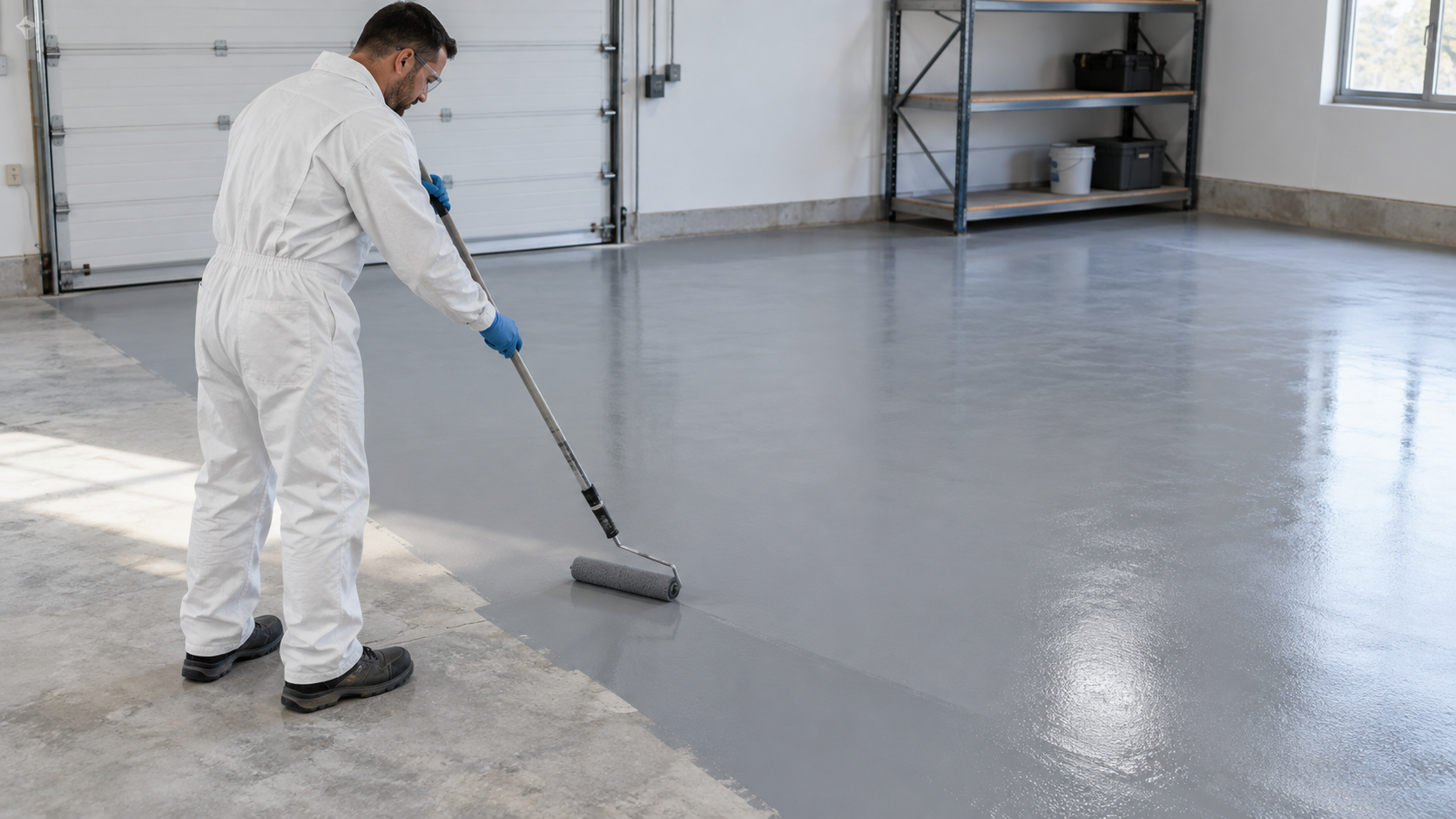 AI-generated illustration of a worker applying gray solid color epoxy with a floor roller