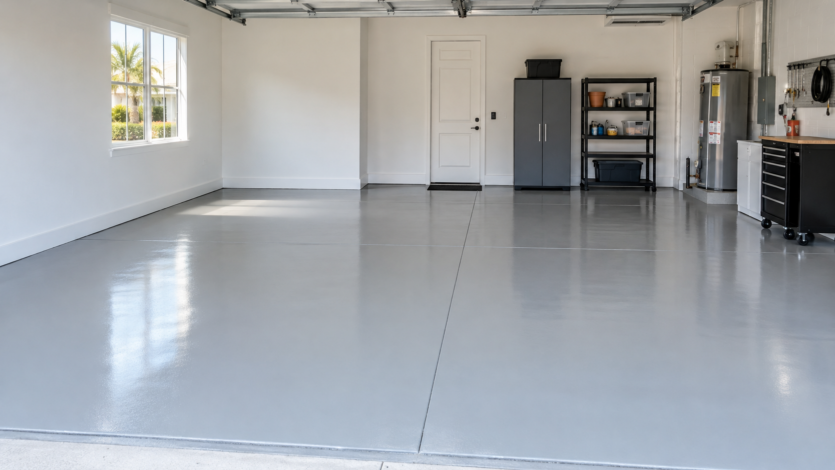 AI-generated illustration of a light gray solid color epoxy garage floor