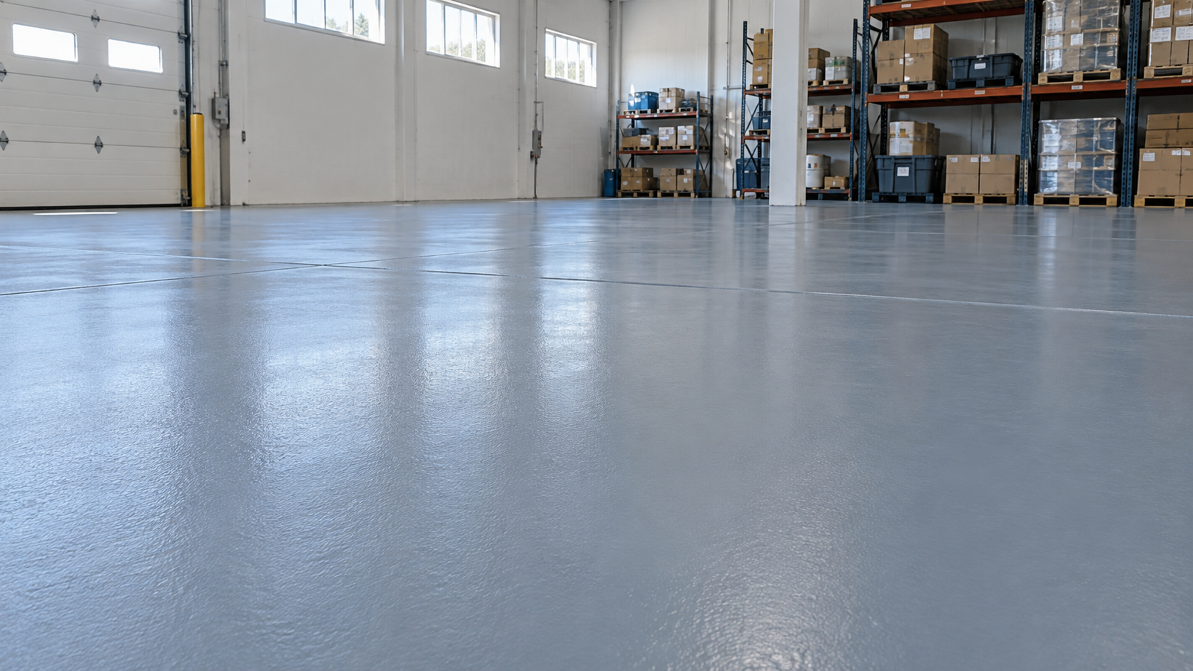 AI-generated illustration of a uniform blue-gray solid color epoxy warehouse floor